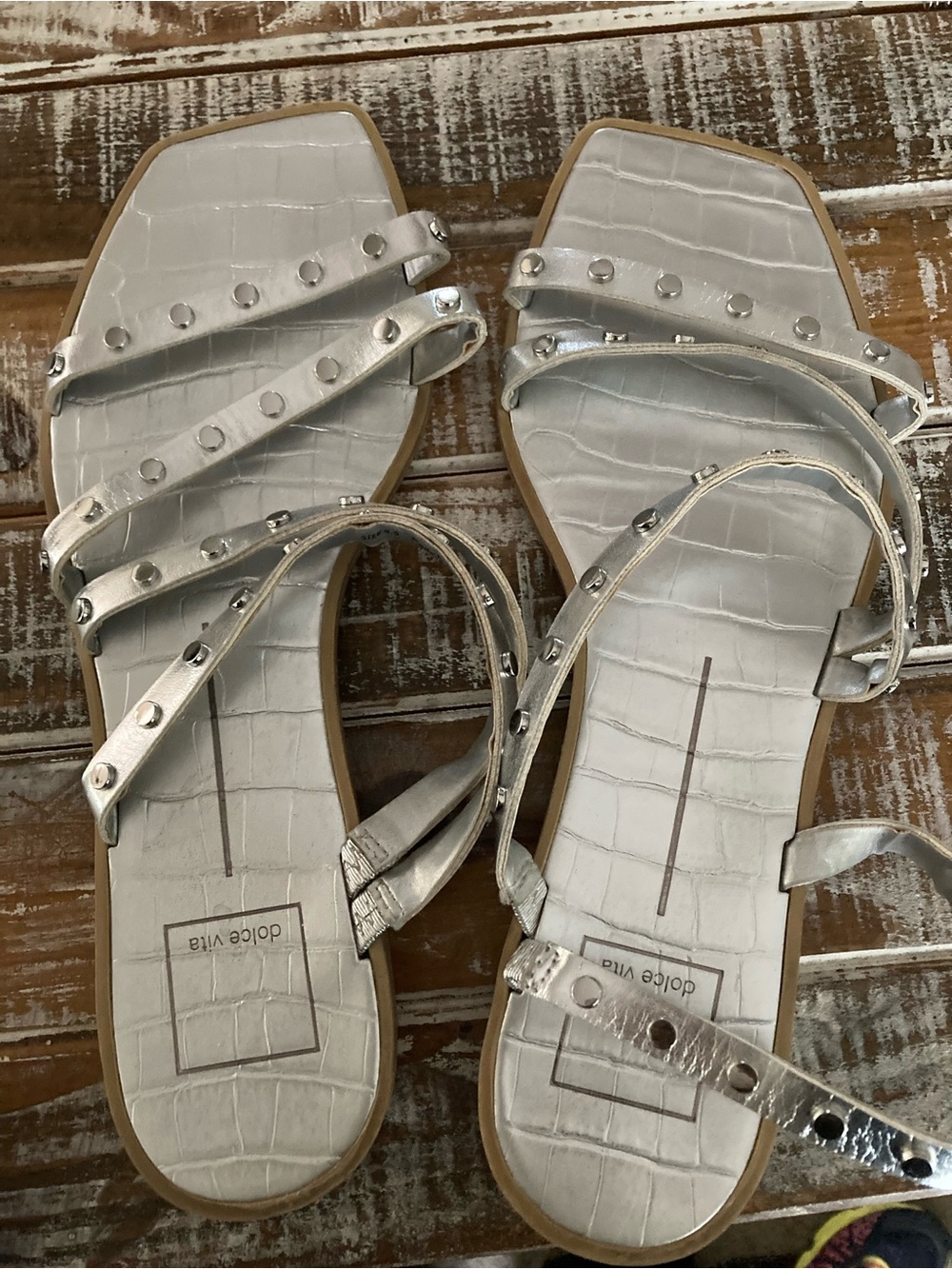 Dolce Vita Silver Croc-Embossed Studded Strappy Sandals